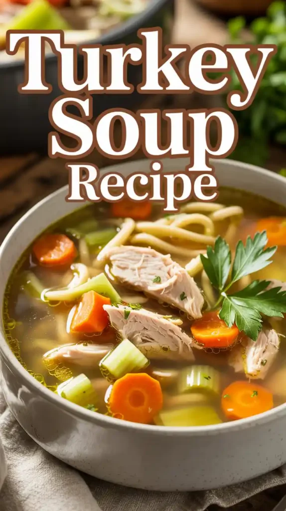 Image showcases a hearty bowl of homemade turkey soup filled with chunks of tender turkey, diced carrots, celery, and noodles in a golden broth. The text “Turkey Soup Recipe” appears in warm, rustic tones over a cozy kitchen background. Garnished with fresh parsley and served in a white ceramic bowl beside a linen napkin, this image highlights comforting fall flavors and a wholesome, homemade meal perfect for using leftover turkey.