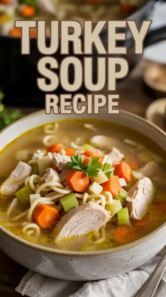 Bowl of steaming turkey soup with parsley and crusty bread — cozy winter meal