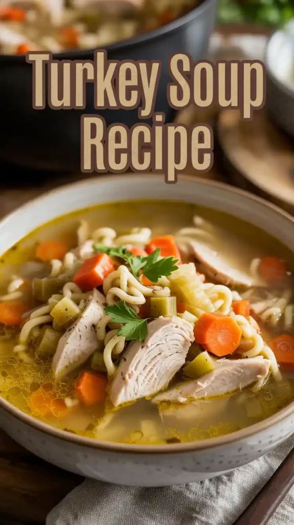 Image showcases a hearty bowl of homemade turkey soup filled with chunks of tender turkey, diced carrots, celery, and noodles in a golden broth. The text “Turkey Soup Recipe” appears in warm, rustic tones over a cozy kitchen background. Garnished with fresh parsley and served in a white ceramic bowl beside a linen napkin, this image highlights comforting fall flavors and a wholesome, homemade meal perfect for using leftover turkey.