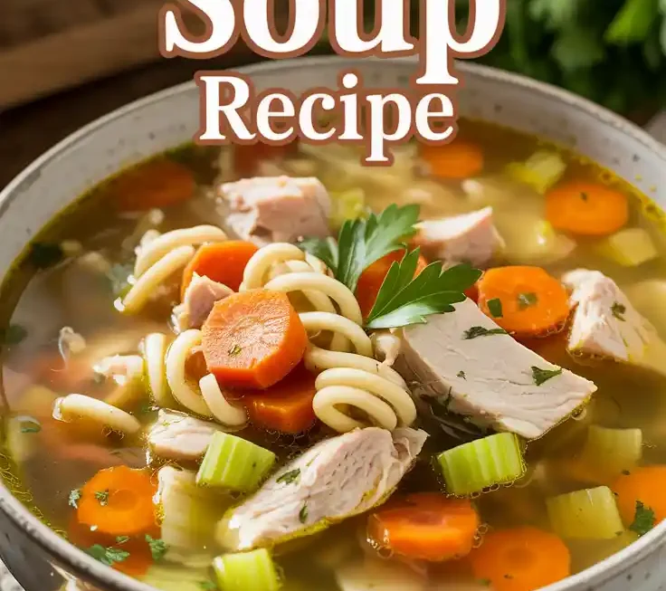 Bowl of steaming turkey soup with parsley and crusty bread — cozy winter meal